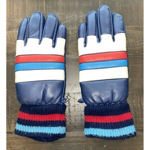 Vintage 60s 70s Winter Blue‎ Red White Leatherette Gloves Mens Size Small